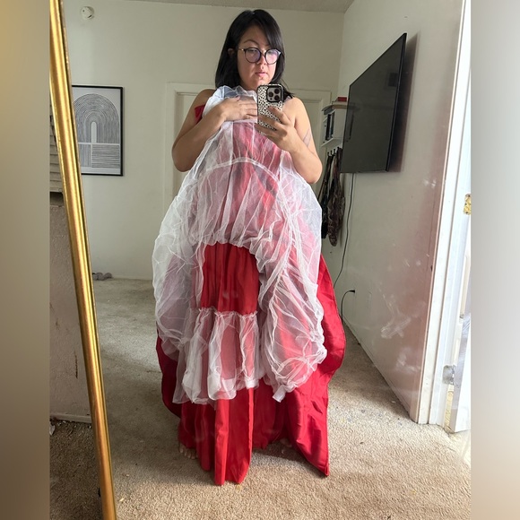 David's Bridal Red Satin Ball Gown - Picture 4 of 12